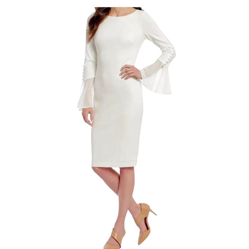 Calvin Klein Womens Chiffon Bell Sleeve Zip Sheath Dress Cream 10 Petite NEW